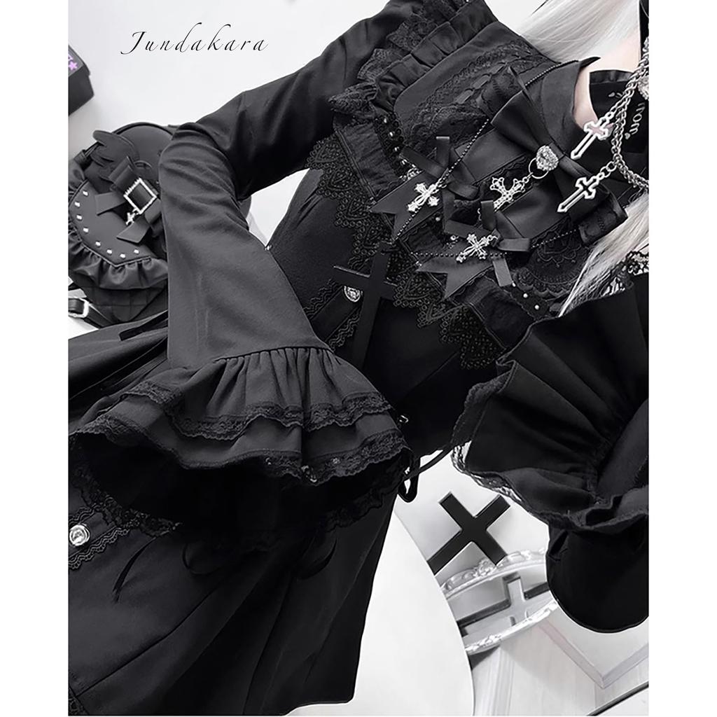 Jundakara Long Sleeve Dress with Cute and Perfect for a Sickly French or Idol Perfect for and Size M Women's Shorts, Lace, Cross, Ribbon, Ruffles,