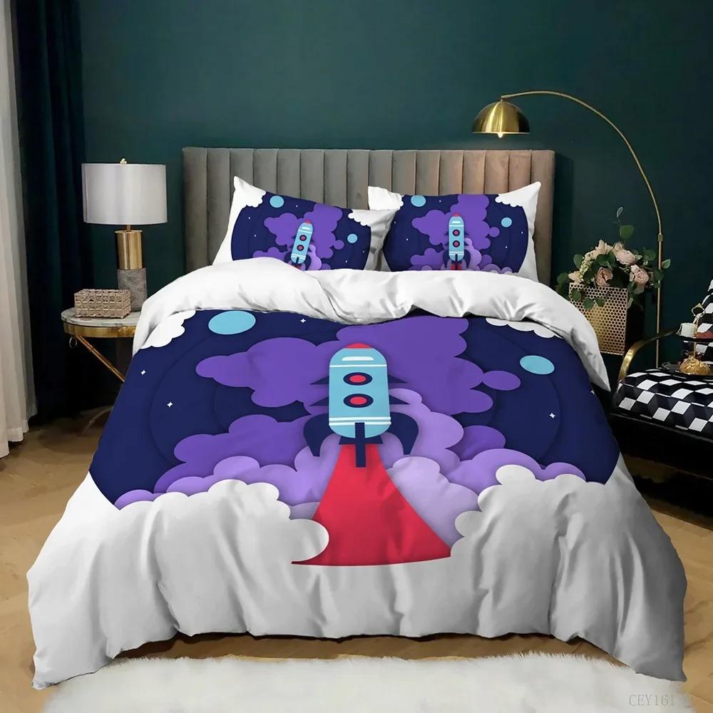 3D Cartoon Duvet Cover Set Science Fiction Space Themed with Earth and Rocket,Decorative Bedding Set,Queen Size Quilt Cover