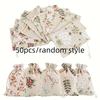 50 Pcs Pack Natural Floral Printed Linen Drawstring Bags White for Jewelry Wedding Decor Rustic Party Favors Gift Bags.