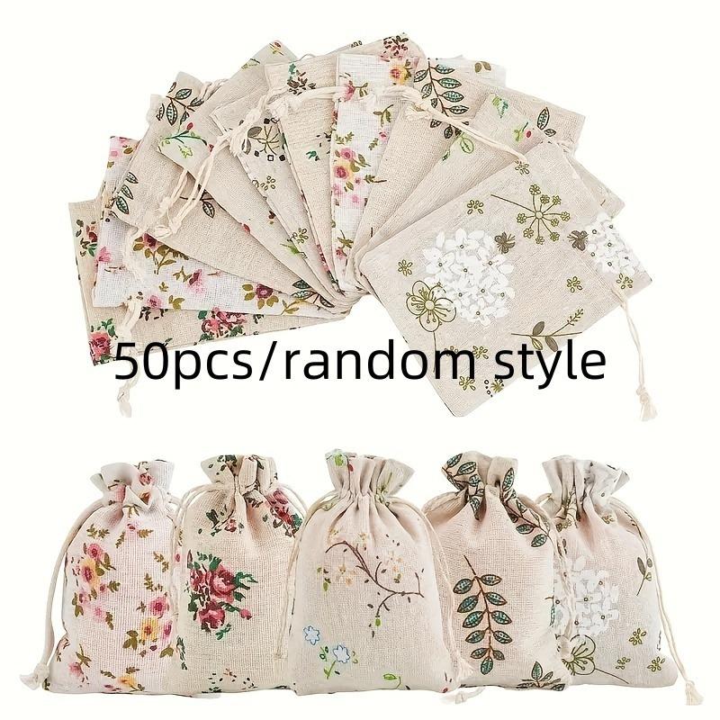 50 Pcs Pack Natural Floral Printed Linen Drawstring Bags White for Jewelry Wedding Decor Rustic Party Favors Gift Bags.