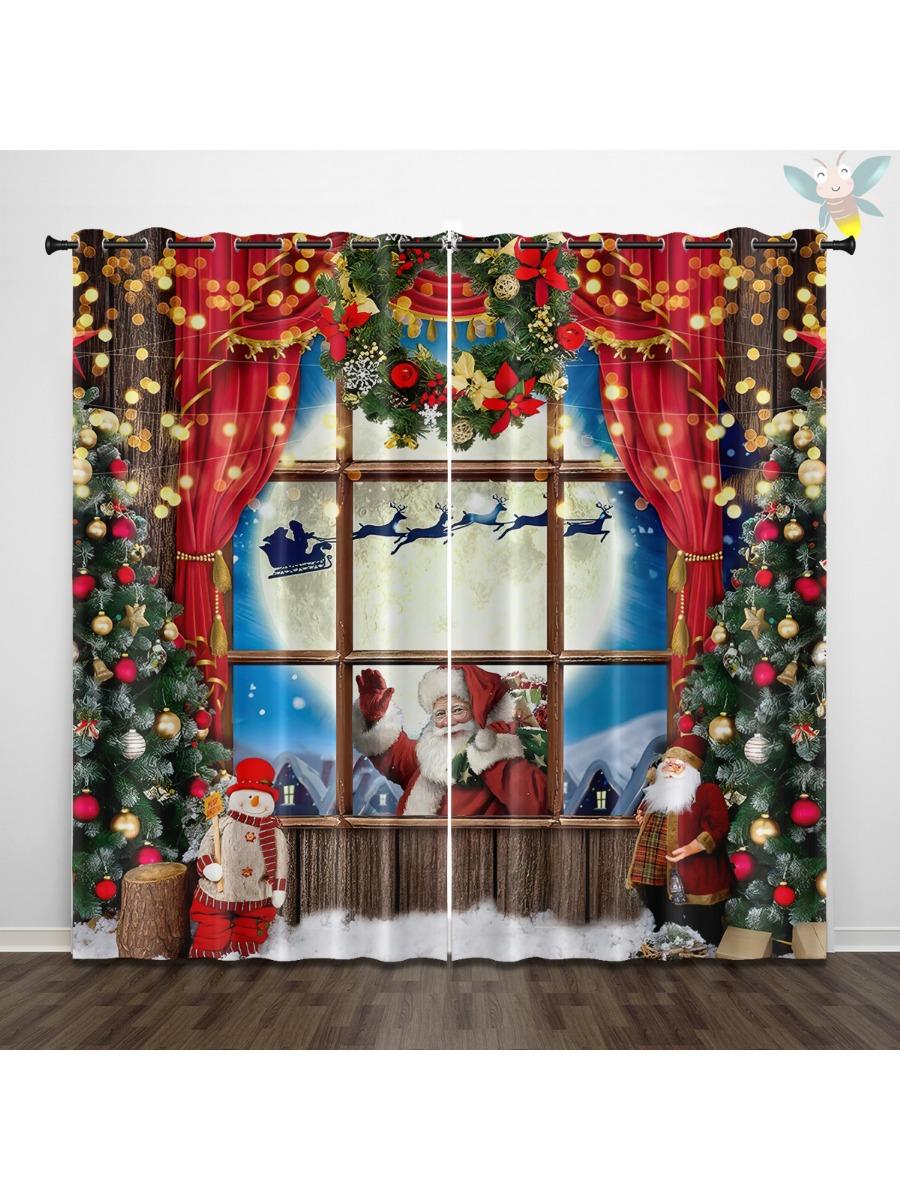 

2 Pcs Christmas Themed Perforated Curtains for Celebration, Shading and Insulation, Living Room, Holiday Style Decoration 140x160&Grommet Top