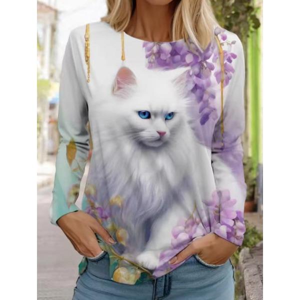 Camisetas de Mujer de Manga Larga Casuales de Moda con Cuello Redondo y Estampado de Gato Lindo con Impresión 3D para Primavera y Otoño