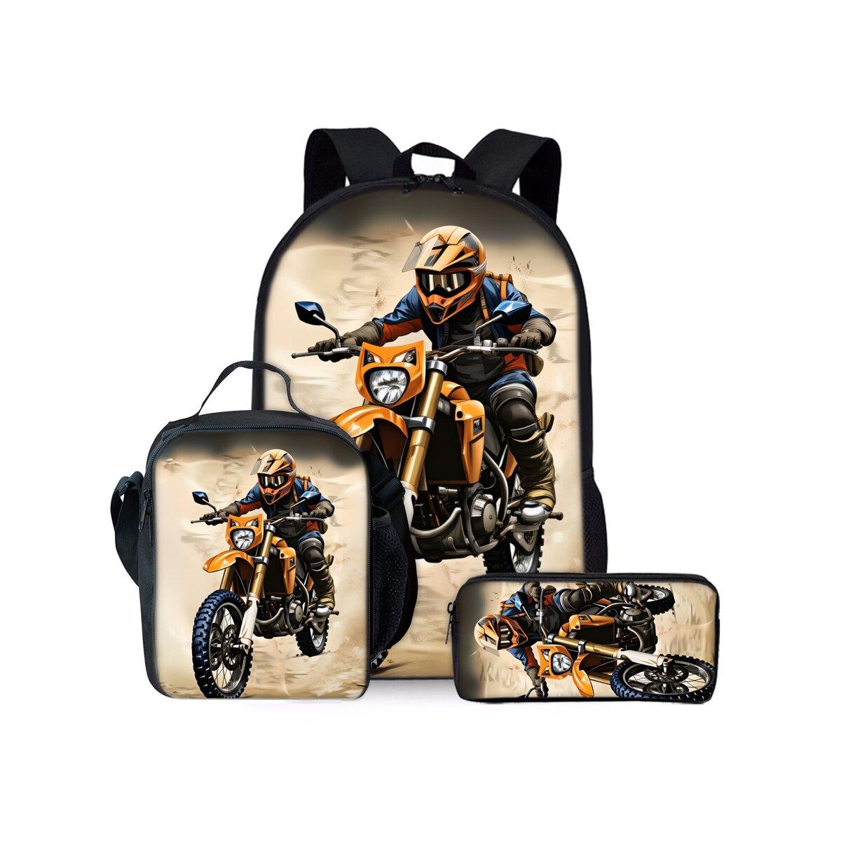 Coole Drie Delige Rugzakken Set met Motorprint voor Jongens en Meisjes Beste Cadeaus 2D Platte Cartoon Schooltas voor Kinderen