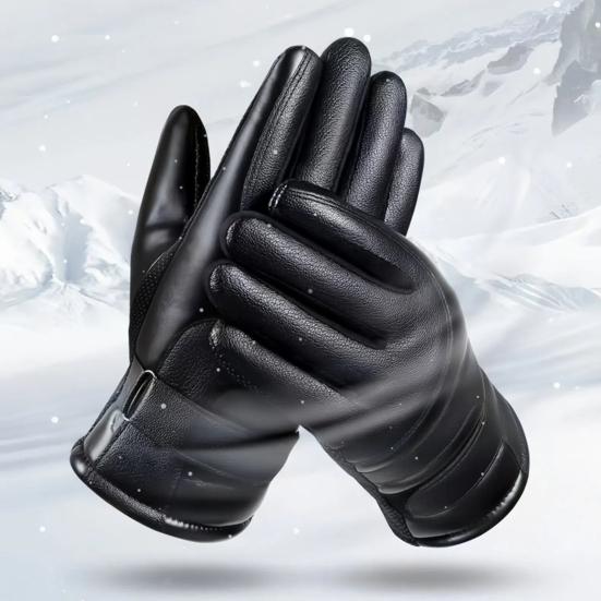 1 Pair Faux Leather Cycling Gloves Men Women Anti-slip Touchscreen Fleece Lined Gloves Winter Outdoor Cold Weather Wind-proof Warm Thick Thermal