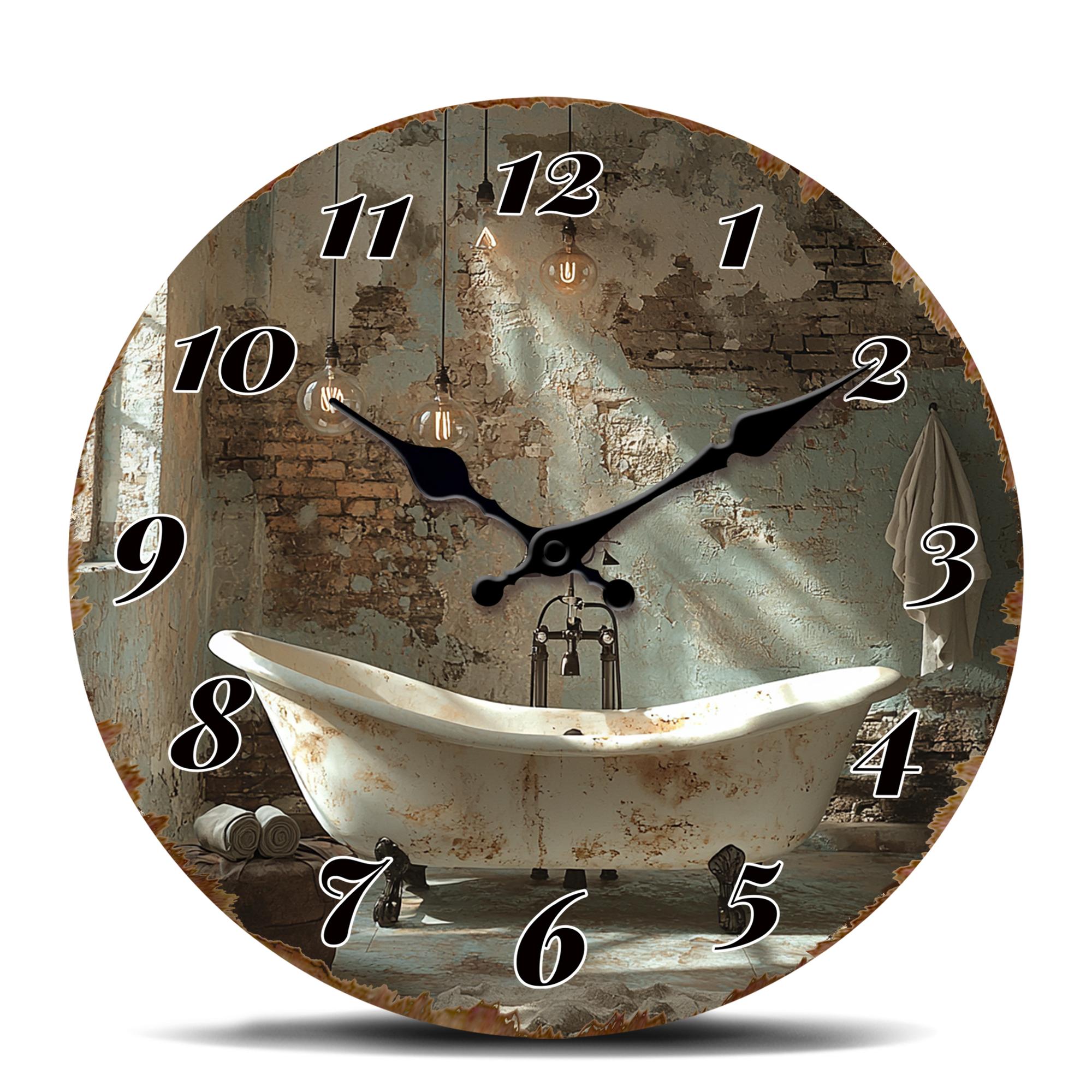Vintage Badewanne mit Ziegelwand Runde Wanduhr - Rustikales Badezimmer Dekoratives Zeitmessgerät mit Hängelampen 10 inch gray