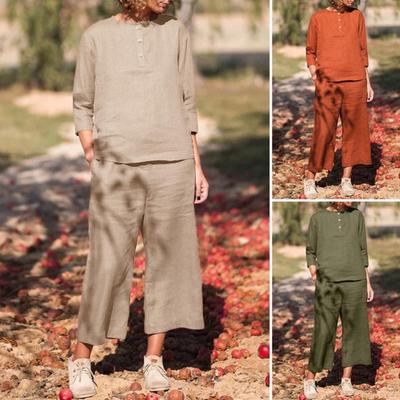 Plus Size Women's Casual Button Mid-Sleeve Cotton Top and Pants Set with Pockets