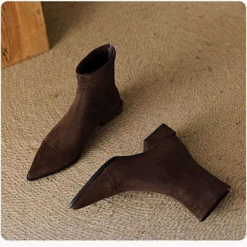 Womens Pointed Toe Chunky Heel Ankle Boots Stretch Fit Retro Style Comfortable Daily Wear
