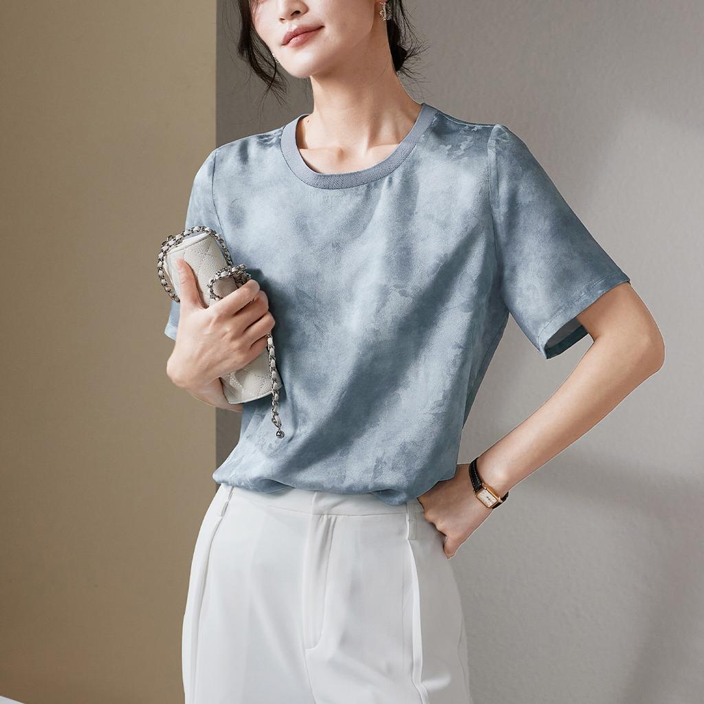 Mulberry silk jacquard round neck short-sleeved shirt for women