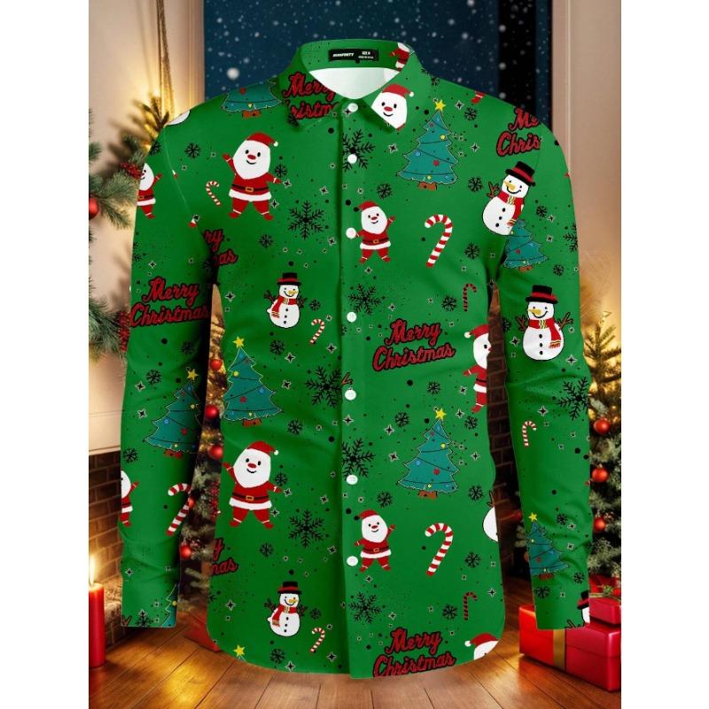 Christmas Festival Theme Men's 3D Printed Formal Shirts Christmas Tree Santa Claus Graphic Long Sleeve Shirt Fashion Men's Shirt