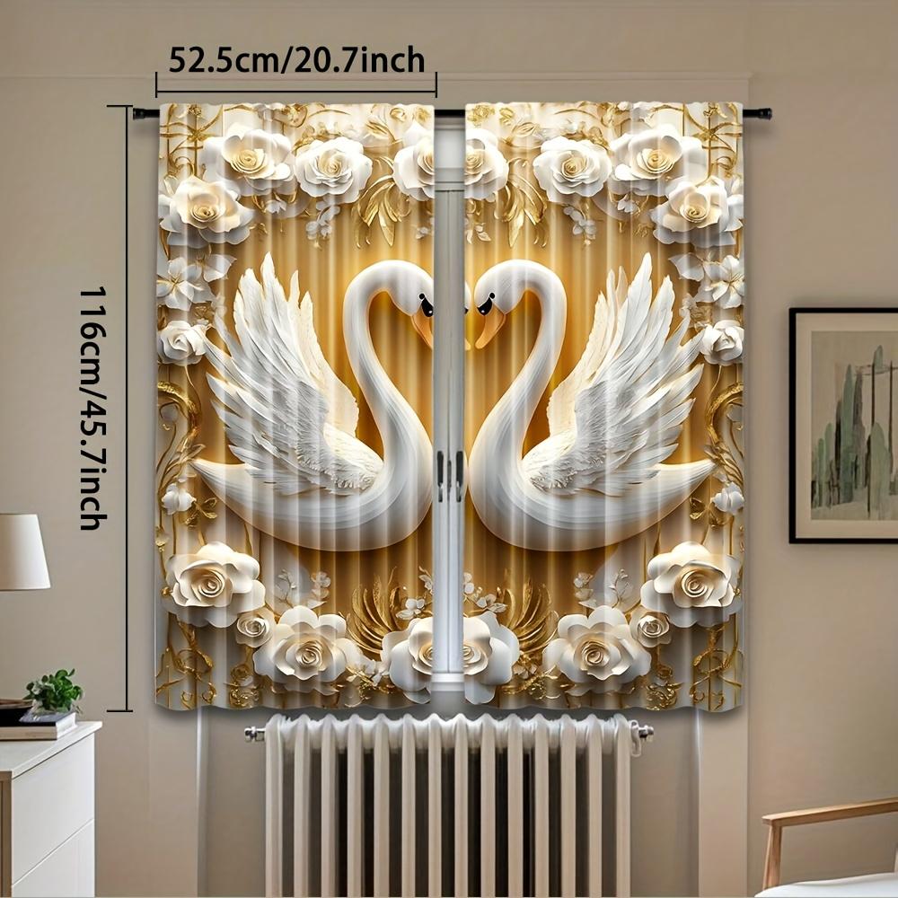 Set Of 2 Elegant White Floral Swan Curtains Perfect Living Room Bedroom Study Curtain For Great Made Polyester With Rod Pocket