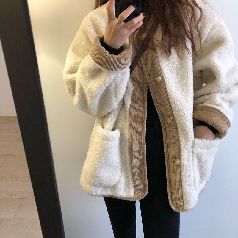 Korean Style Lamb Wool Corduroy Patchwork Coat - Women's Round Neck Loose Fit for Autumn and Winter