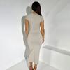 QICED Women Fashion Solid Color Round Neck Slim Short-sleeved Dress