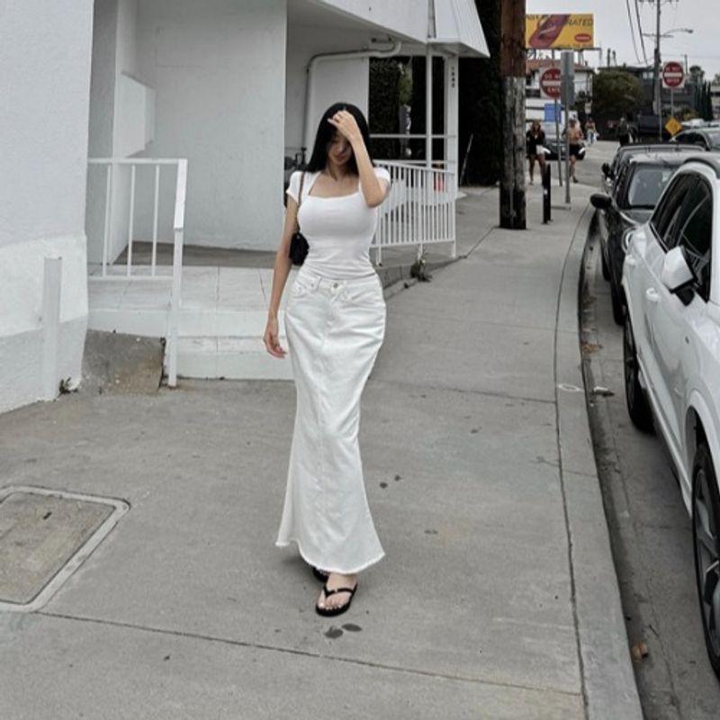 South korea Dongdaemun Autumn Fashion Commuter New White High Waist Slim fit Fishtail Split Skirt Solid Long dress