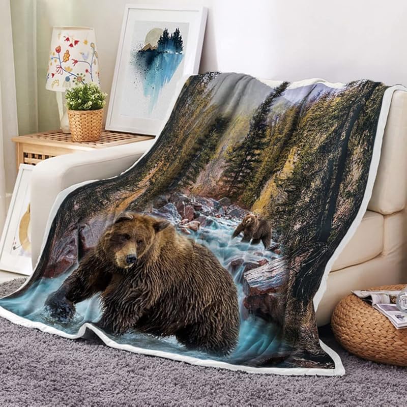 Rustic Cabin Throw Blankets, Farmhouse Country Antique Bear Moose Forest Vintage Wood Cozy Warm Bed Couch Blanket, Hunting Camping White Fleece