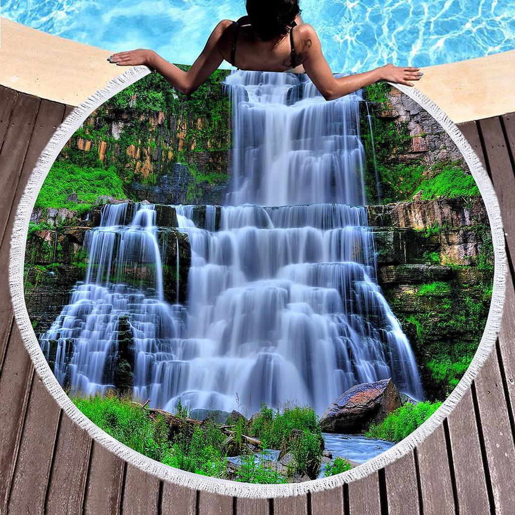 Natural Scenery Waterfall Round Beach Towel, Microfiber Circle Beach Blanket, Sand Free Quick Dry Pool Towel Portable Picnic Mat