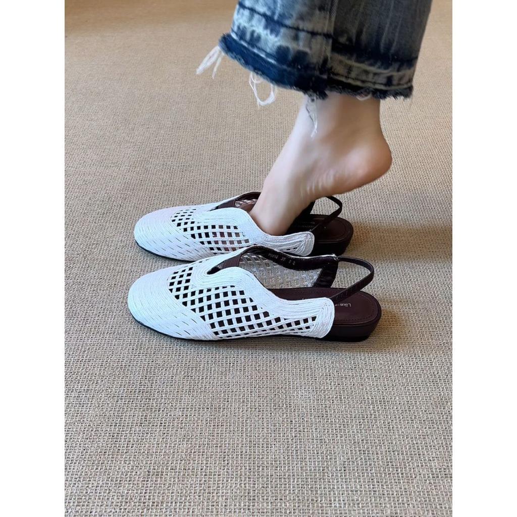French retro design sense woven hollowed-out vacation wind slope heel lazy fashion versatile and comfortable outer bag head sandals