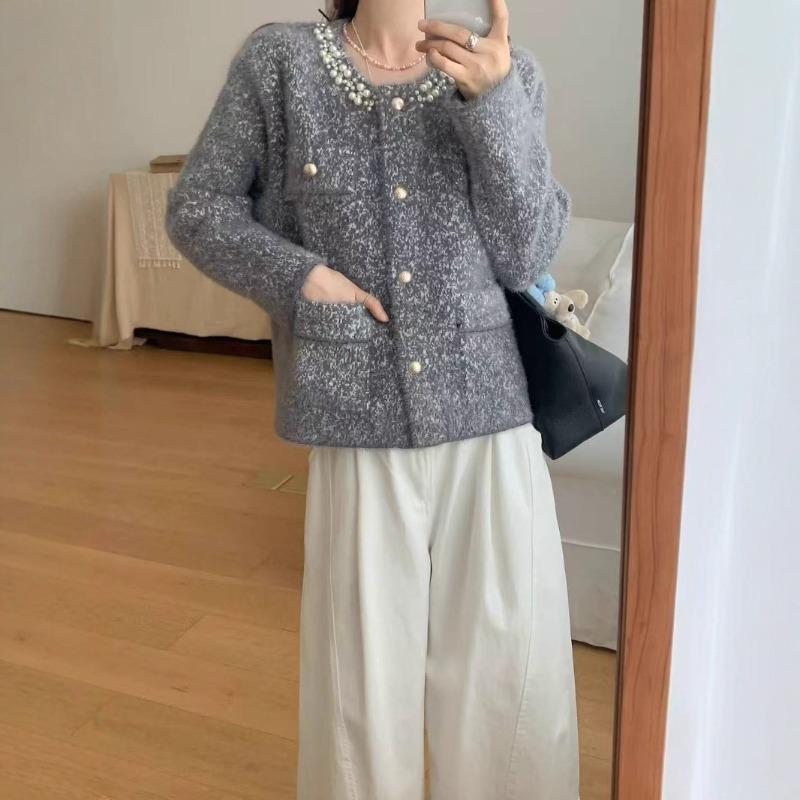 Imitation Mink Knitted Cardigan Women's Autumn and Winter New Loose High-end Celebrity Beaded Sweater Jacket Women