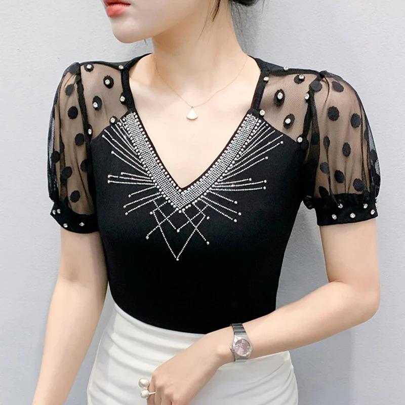 Summer V Neck Short Sleeved Women's T Shirt Fashion Sexy Diamond Mesh Tees Lace