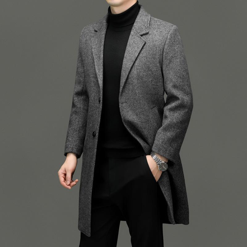 Men's Mid-Length Lapel Double-Faced Wool Coat - 50.9% Wool, Autumn/Winter Casual Business Style