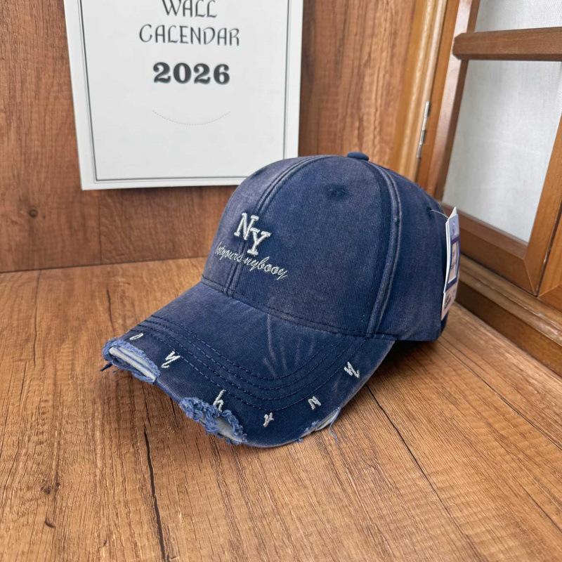 High cranial top plain baseball cap women washed old rough edge NY three-dimensional embroidery baseball cap versatile broken brim sun hat