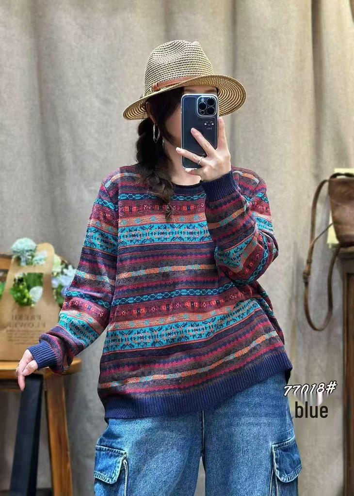 Women's Korean Style Jacquard Sweater: Loose Casual Round Neck Knit Pullover for Autumn/Winter