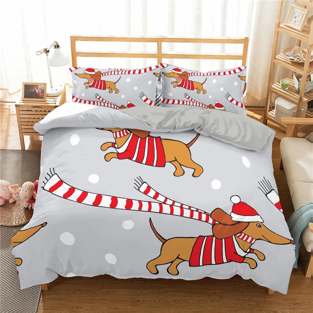 Sausage Dog Print Duvet Cover Set Queen King Full Size Cartoon Dachshund Puppy Bedding Set for Boys Polyester Comforter Cover