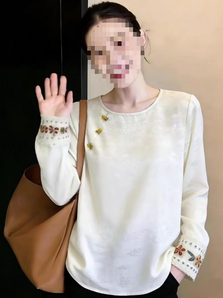 Women's Embroidered Jacquard Shirt - Retro Long Sleeve Top for Spring/Autumn