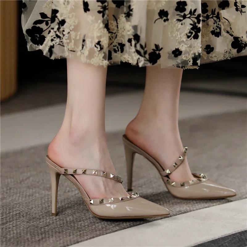 Fashion 2025New Women Summer High Heels Mules Slippers  Pointed To Sexy Rivets Outside Shoes  Fashion Sandals Zapatos Mujer