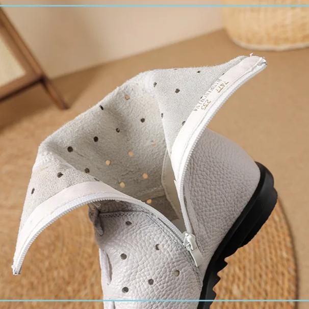 Johnature Hollow-out Breathable Mid-calf Summer Boots Comfortable Soft Soled Genuine Leather Women's Shoes