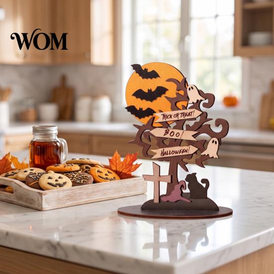 Halloween Table Decorations Moon Bat Ghost And Dead Tree Tabletop Ornament, Rustic Wood Art Decorative Centerpiece for Home Desktop Holiday