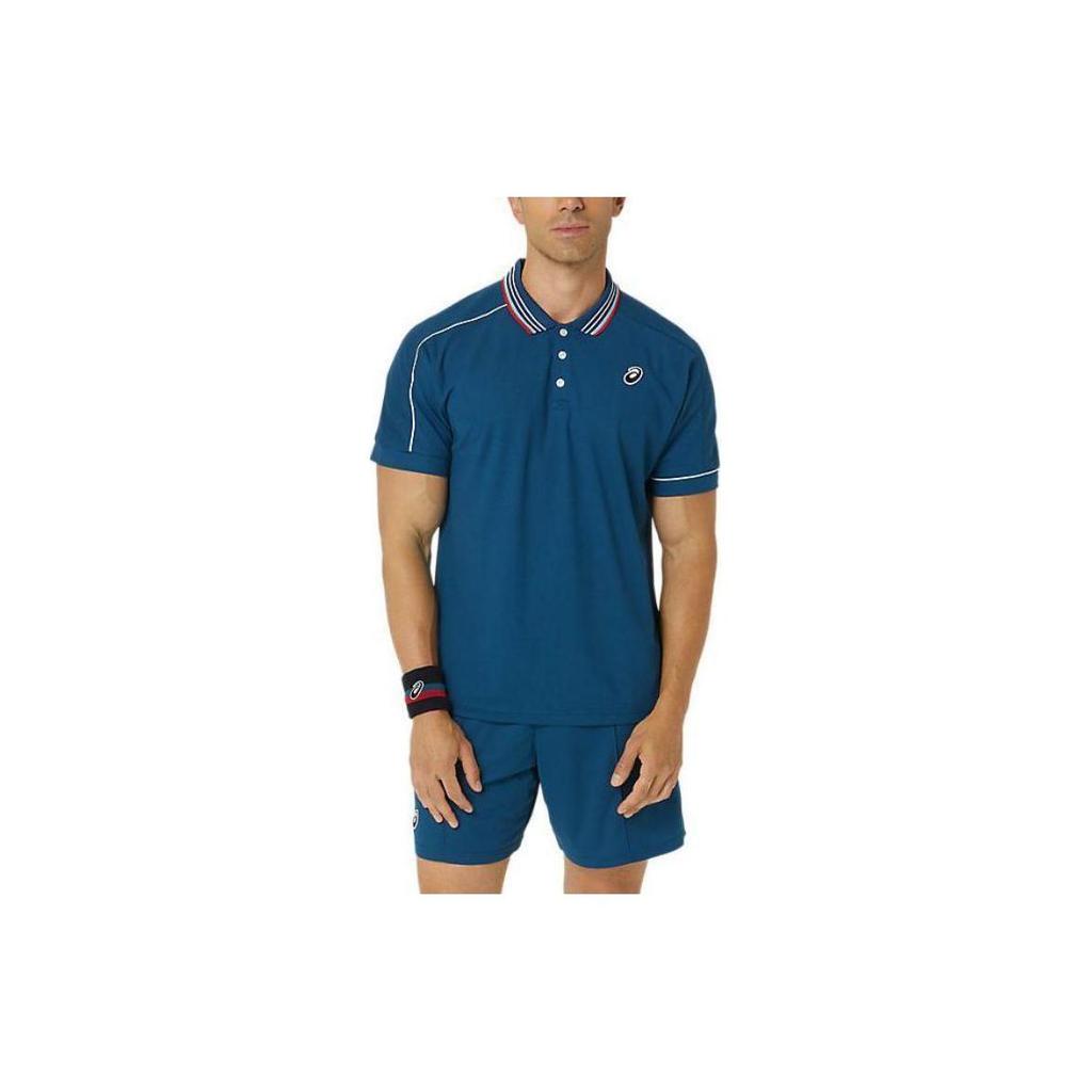 Asics Classic Polo Shirt Solid Color Striped Button Polo Collar Short Sleeve Golf Fitness Tennis Sports Polo Shirt Men Tops Gray-Brown 2041A287-412