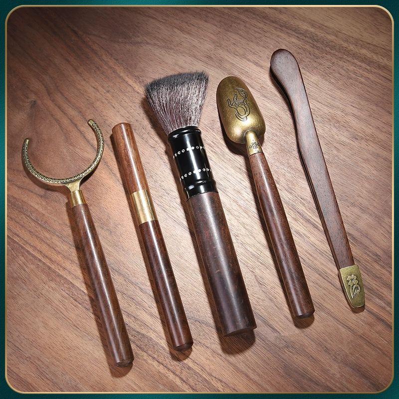 Ebony Tea Ceremony Six Gentlemen Set with Zen Monk Incense Burner