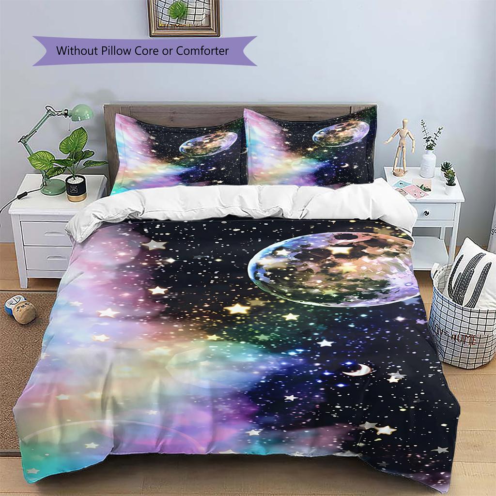 Galaxy Moon Pattern Bedding Quilt Set Quilt Cover Pillowcase Home Decoration Gift (1 * Duvet Cover + 2 * Pillowcase, Without Core)