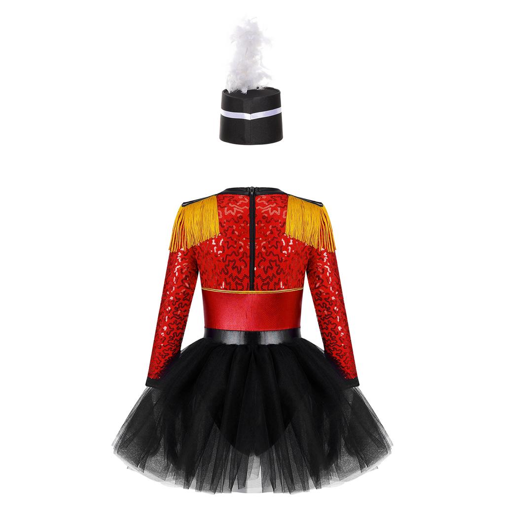 Kids Honor Guard Costume Long Sleeve Tassel Shoulder Zipper Tutu Leotard Feather Hat Ceremonial Dress Up Outfit