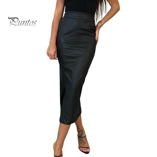 

Женская юбка миди с высокой талией, однотонная юбка из искусственной кожи, облегающая посадка, повседневная юбка с разрезом сзади, повседневная юбка для вечеринок, повседневная одежда S чёрный