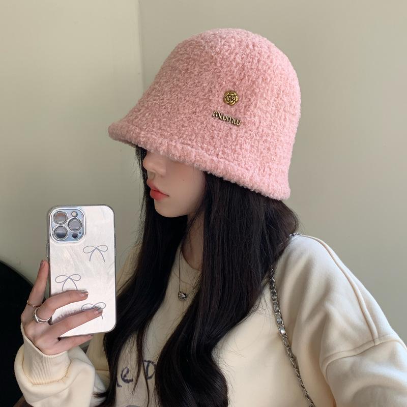 Korean Version of Autumn and Winter New Hat for Women with High End Metal Plush Fisherman Hat Solid Color Versatile Winter Thermal Basin Hat