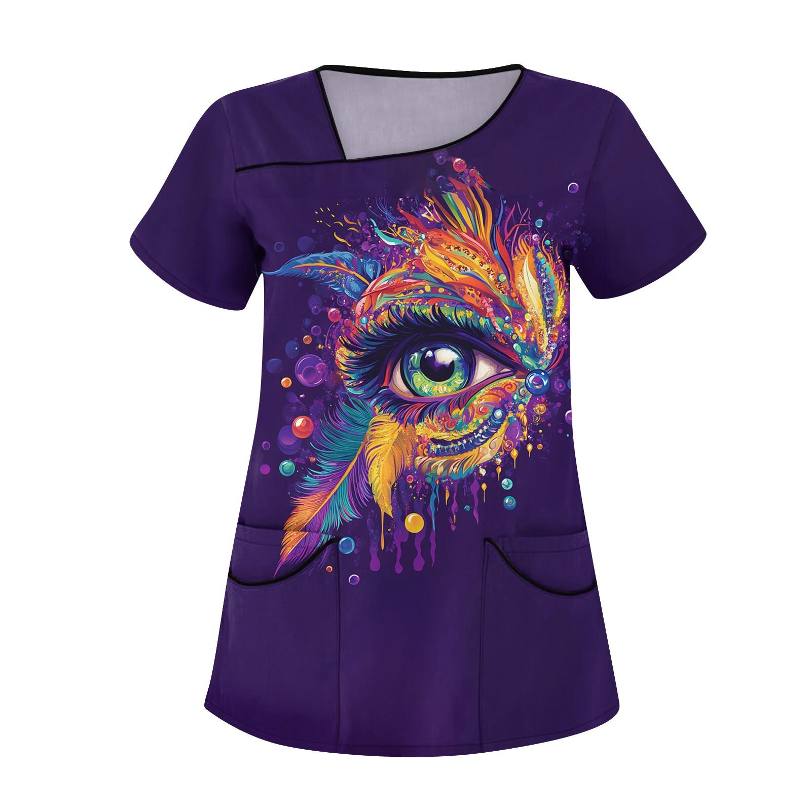 

Женская повседневная рабочая одежда с короткими рукавами и наклонным воротником с принтом и двойными карманами XXXXXL фиолетовый