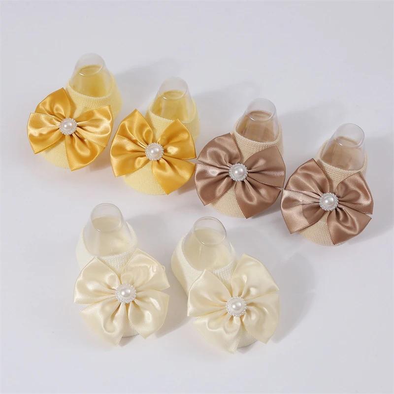 Baby Pearl Bow Solid Color Floor Socks Newborn Infant Knitted Breathable Socks Sweet Cute Girls Princess Children Birthday Gifts