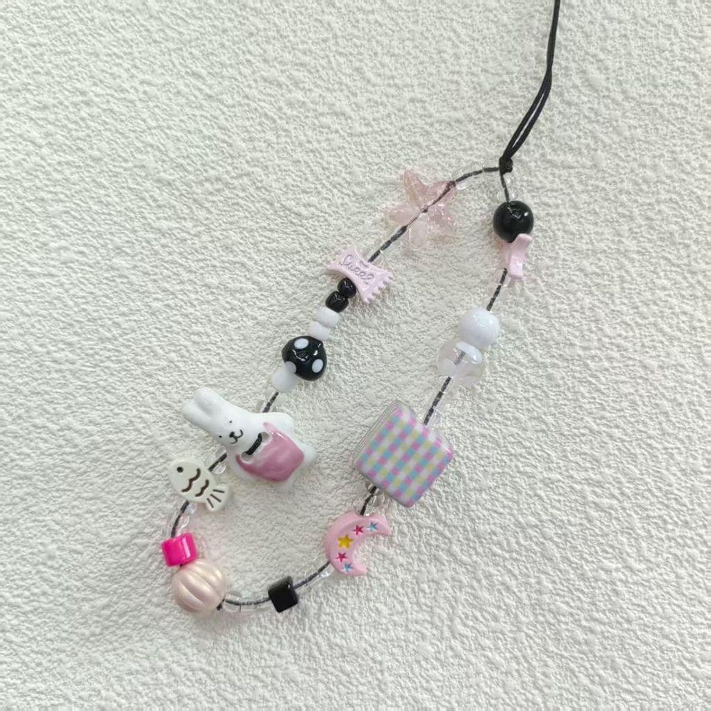 Handmade Ceramic Pink Bunny Phone Lanyard With Beads For Women And Men