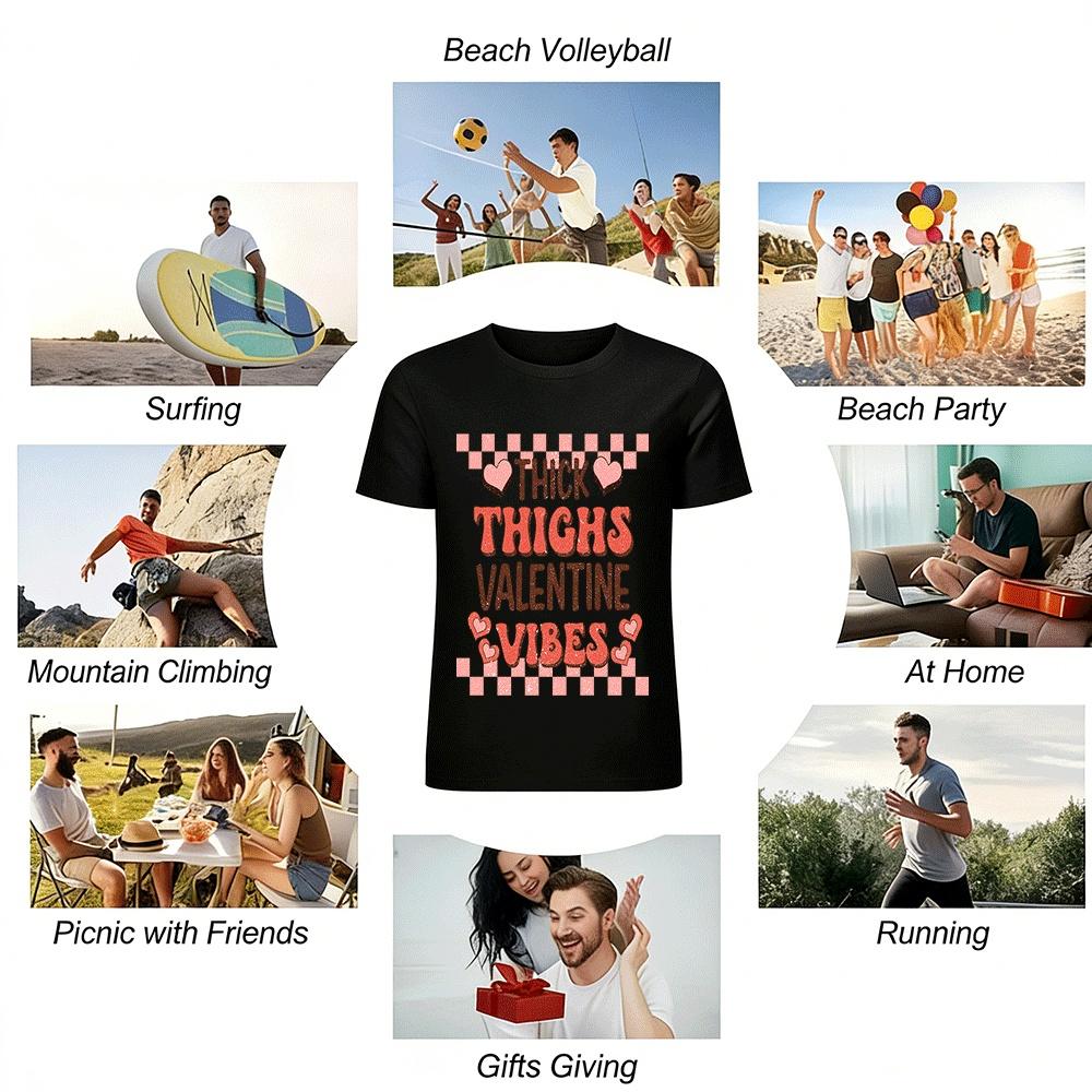 Thick Thighs Valentine Vibes Retro Heart Graphic Casual Top Pure cotton T-shirt