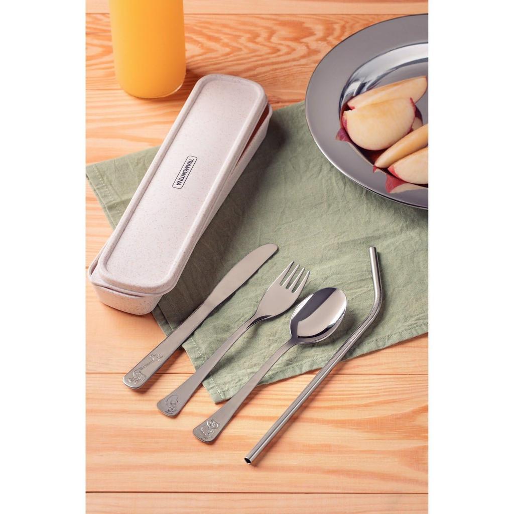 Tramontina Stainless Steel Tableware Straw Set with Dishwasher TRAMONTINA Children's & (4-Piece) "Baby Friends" Case, Knife, Fork, Spoon, Safe,