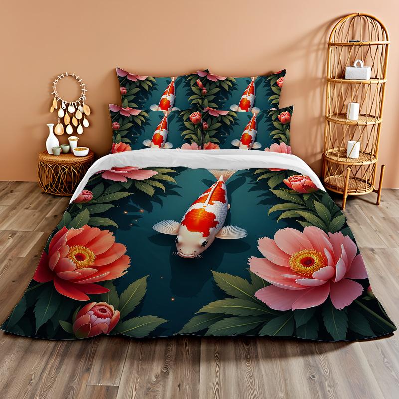 3D Digital Printing Bedding Two Or Three-Piece Set Koi Rich Flower Polyester Quilt Cover