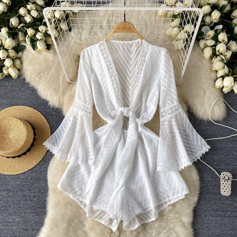 

European and American Entry Lux Fancy Jumpsuit Women s Summer Mesh Lace-up Loose Slimming Flared Sleeves Fashion Tape Design Pants White One size
