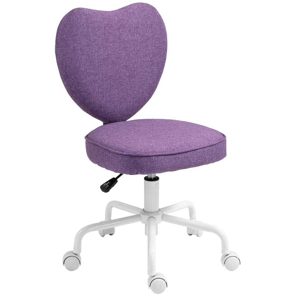 Heart Desk Chair with 5 Wheels and Adjustable Height In Fabric, 40x50x79-89cm, Purple