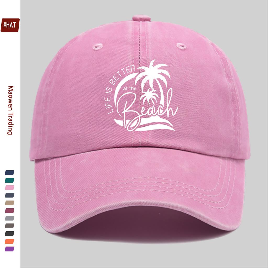 Pc Vintage Beach Vacation Print Baseball Cap Sweet Vacation Style Decorative Papa Hat Trucker Sun Hat Washed Buckle Strap Ad