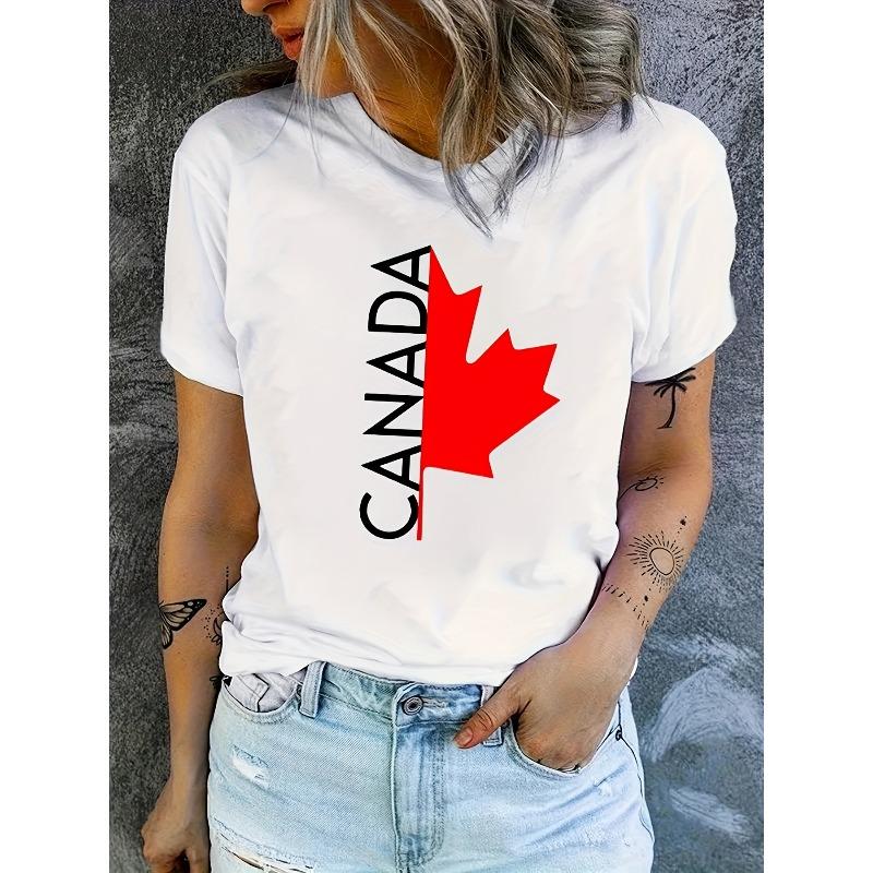 European sizes Women's Casual Canada Flag Graphic T-Shirt - Bold Maple Leaf Print, Contrast Color Block Design, Regular Fit Round Neck