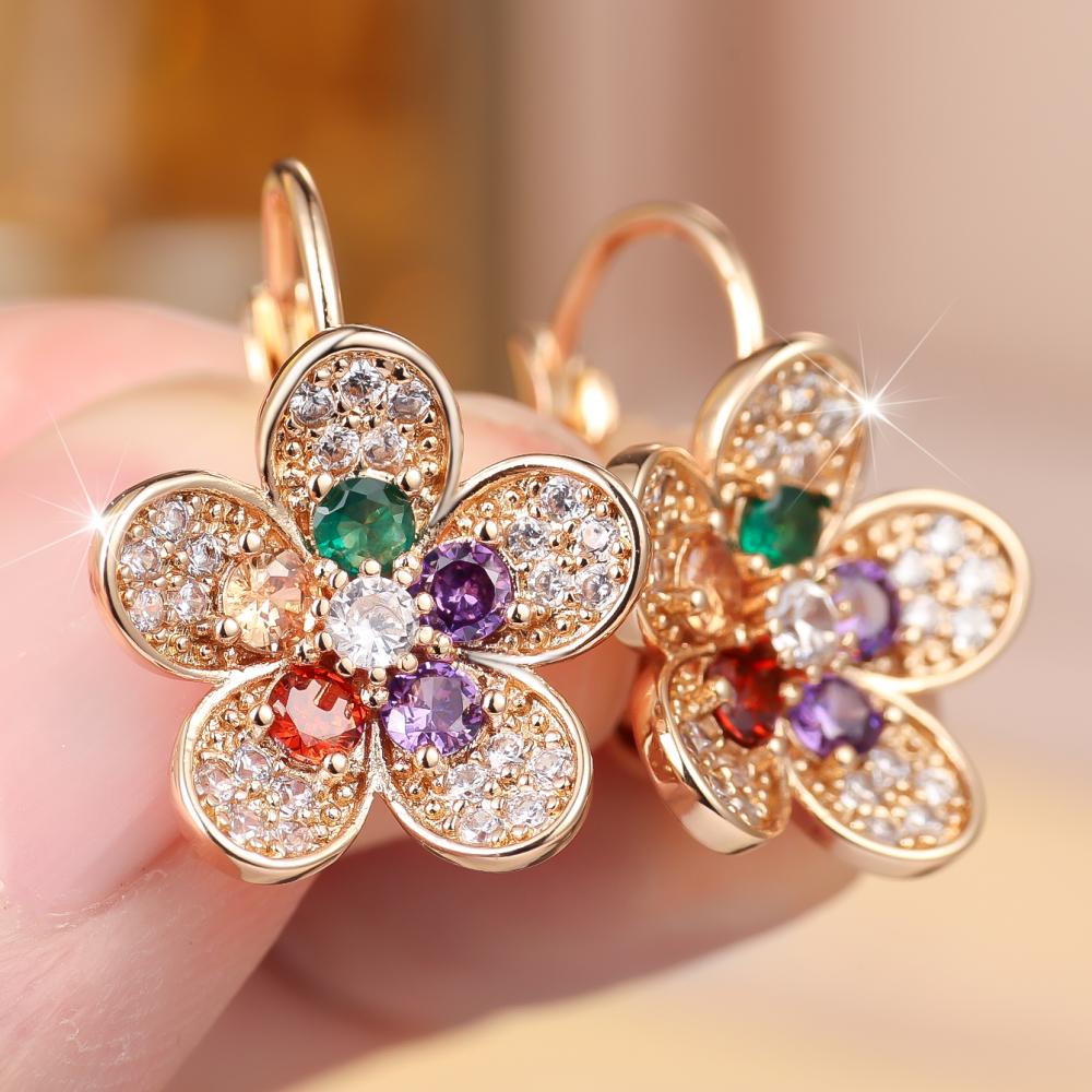 Cute Gold Tone Flower Earrings Multi-Color Zircon Statement Jewelry Gift for Women Party