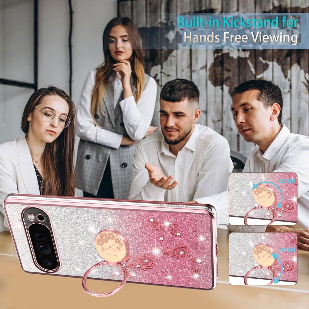 KADEM For Google Pixel 10/10 Pro Case Ring Kickstand TPU Flowers Phone Cover Gradient Glitter