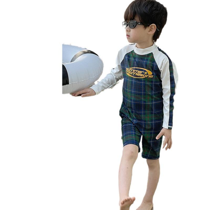 Children's Long Sleeve Plaid Patchwork One-Piece Swimsuit - Quick-Drying Swimwear for Beach & Holiday