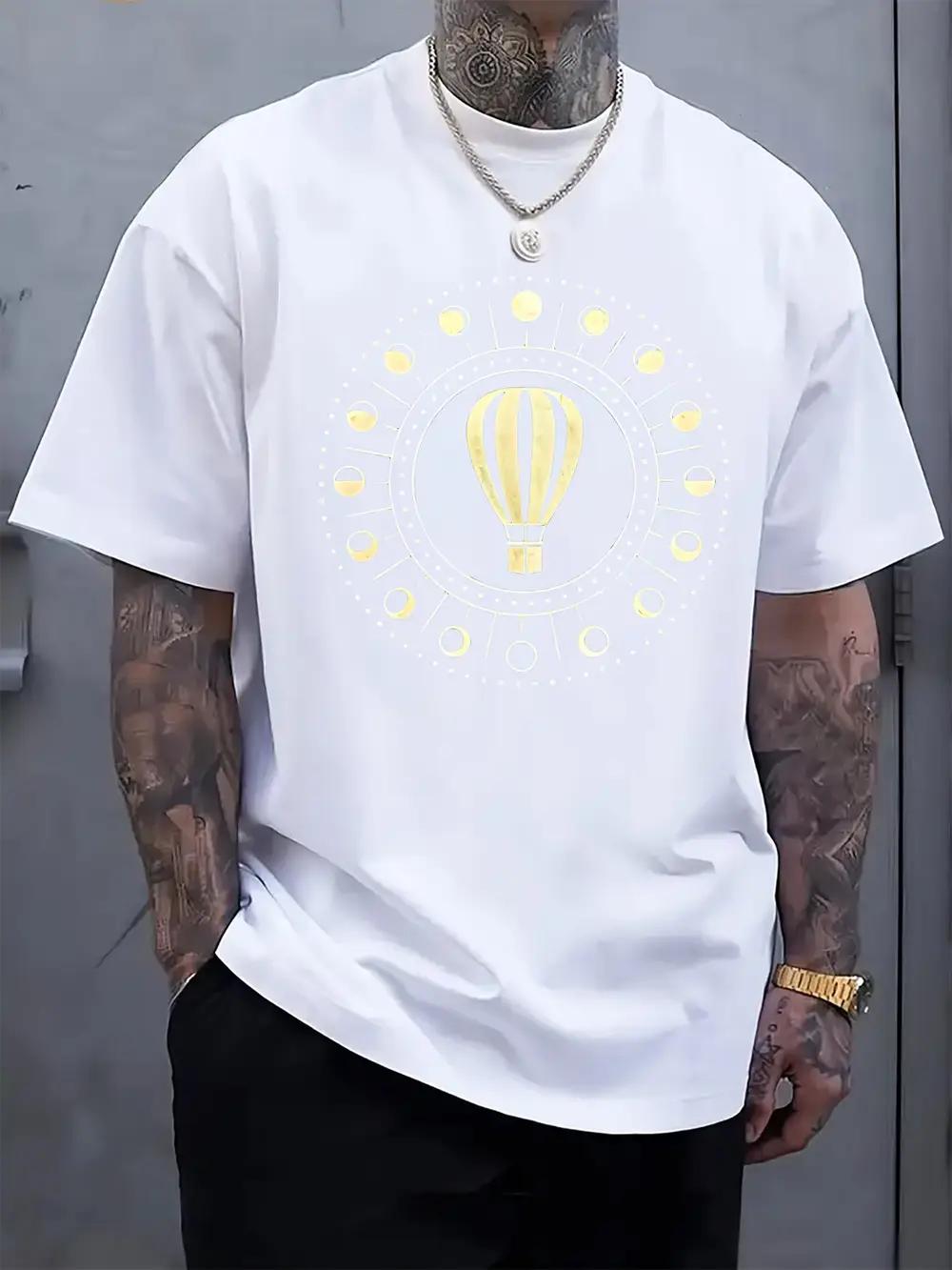 

Casual White T-shirt with Hot Air Balloon & Moon Phase Print - Short Sleeve S